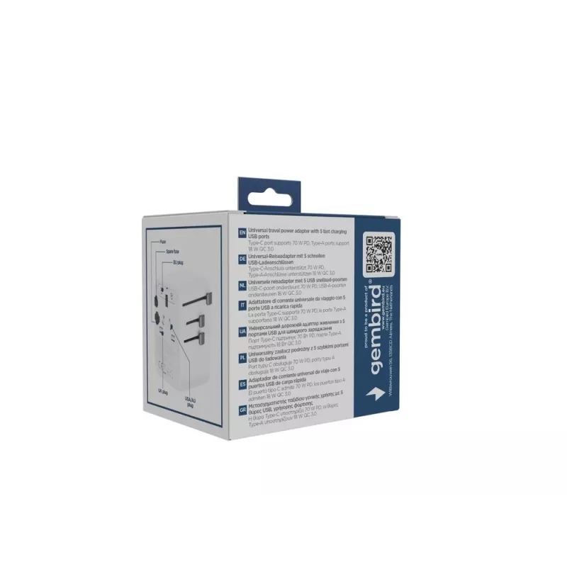 Gembird TPA-2A3C70-01-W adattatore da viaggio universale, 3x USB-C, 2x USB-A, 70 W, GaN, bianco