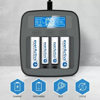 Caricabatterie everActive NC1000MV2 – caricabatterie Ni-MH 4 vani USB-C, 4 celle, 5V, nero, 110×99×38 mm