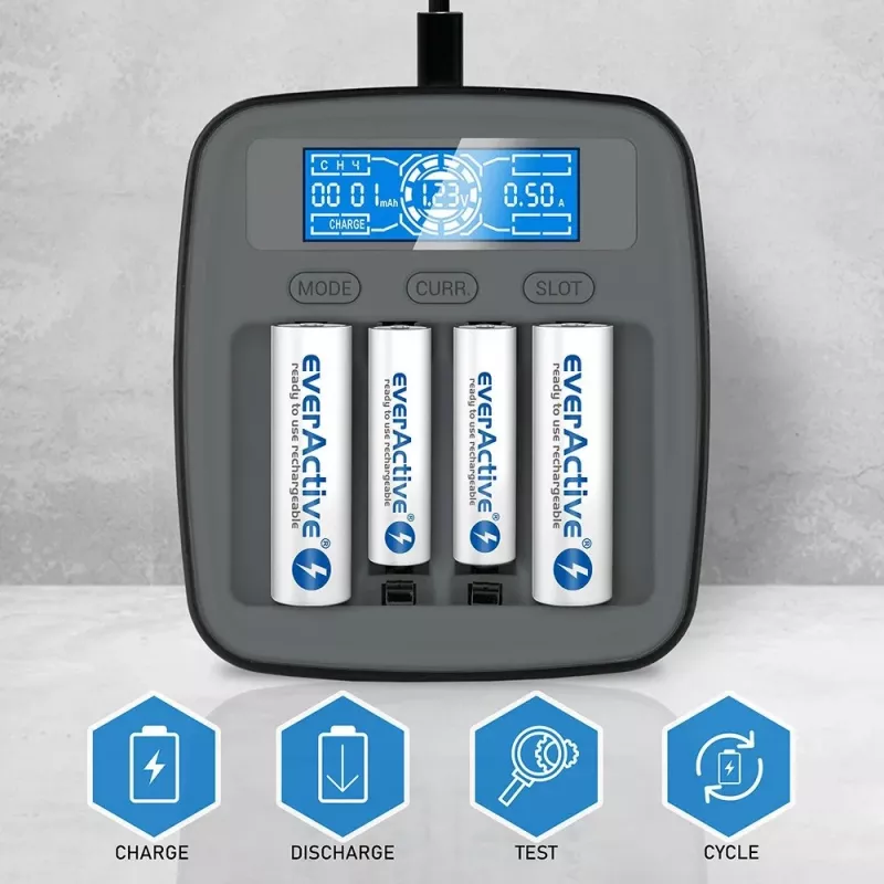 everActive NC-1000M V2 caricabatterie, Ni-MH, 4 slot AA/AAA, USB-C, nero