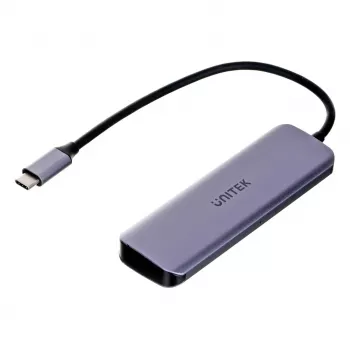 Hub USB Unitek P5+ — 5 porte (4 × USB 3.2 Gen 2 Type-A), host USB 3.2 Gen 1, 5 Gbit/s, 10 W PD, alluminio, grigio