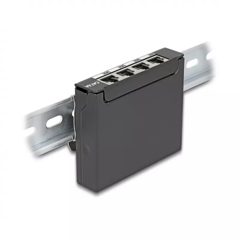 Patch panel DELOCK mini desktop RJ45 4 porte Cat.6A schermato nero, metallo, 90×22×93 mm