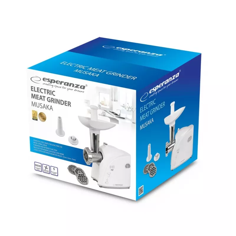 Tritacarne elettrico ESPERANZA EKM032 — 2200 W, bianco, 3 dischi forati, accessori kebbe e salsicce