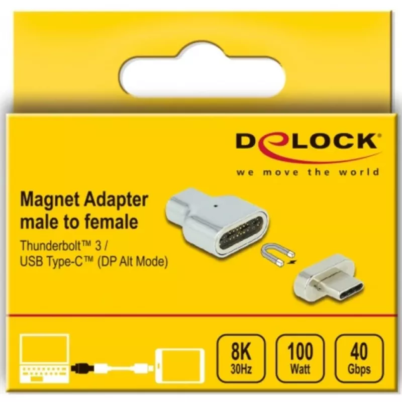 DeLOCK - Adattatore Thunderbolt / USB-C - USB-C (M) magnetico a USB-C (F) - USB 3.2 Gen 2 / Thunderbolt 3 4,5 A - supporto 8K - argento (66433)