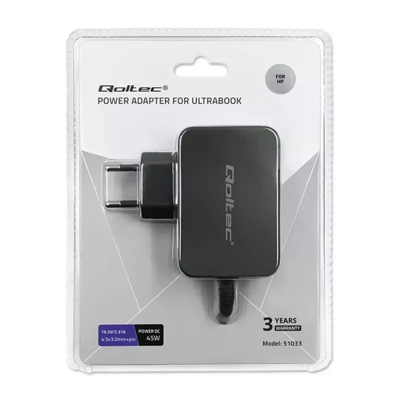 Qoltec 51033 alimentatore per ultrabook HP, 45 W, 19,5 V, 2,31 A, 4,5x3,0 mm + pin, per interni, nero