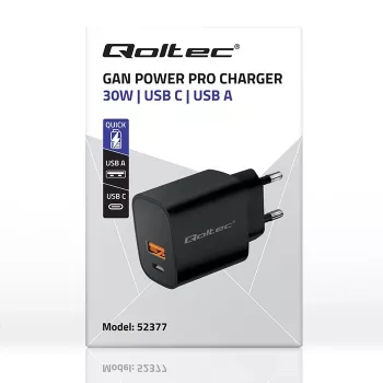 Alimentatore QOLTEC 52377 GaN 30W uscita 5–20V per dispositivi portatili