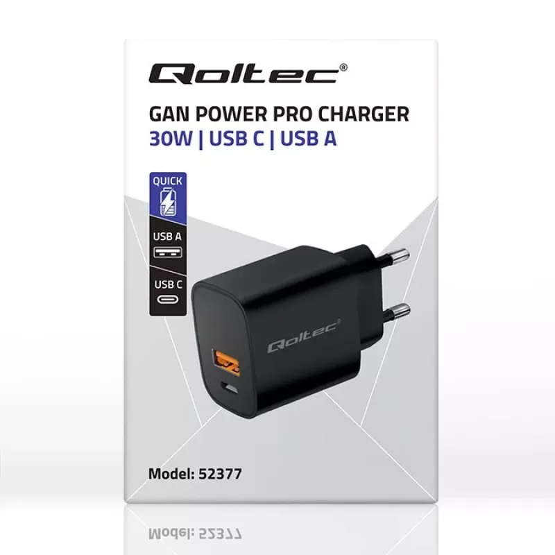 Alimentatore QOLTEC 52377 GaN 30W uscita 5–20V per dispositivi portatili