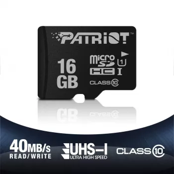 Scheda di memoria MicroSDHC PATRIOT PSF16GMDC10 — 16 GB, Class 10, UHS-I (U1), 80 MB/s, nero
