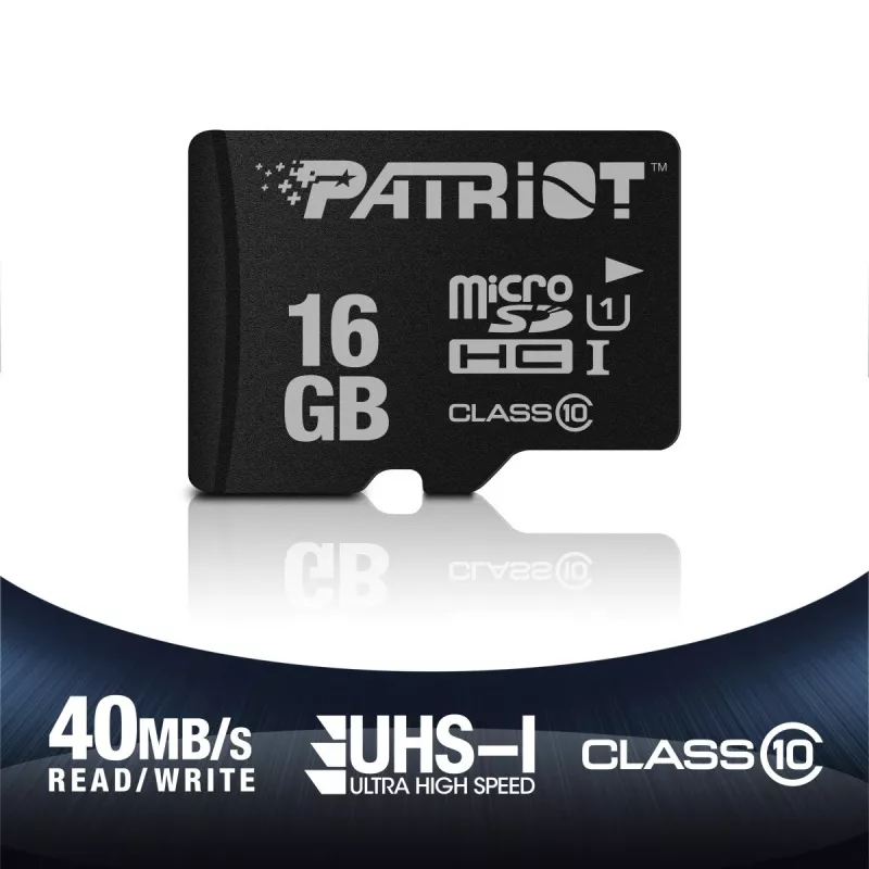 Scheda di memoria MicroSDHC PATRIOT PSF16GMDC10 — 16 GB, Class 10, UHS-I (U1), 80 MB/s, nero