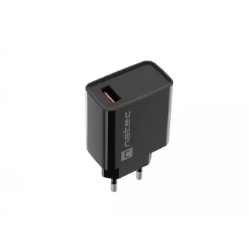 Caricabatterie rapido da parete NATEC per interni, con cavo, Ribera – 18 W (5–15 V, fino a 3 A), 1× USB-A, Huawei FCP/SCP, nero