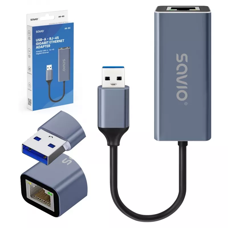 Adattatore di interfaccia di rete SAVIO AK-83 USB Type-A a RJ-45 connettore maschio, 5 Gbit/s, nero