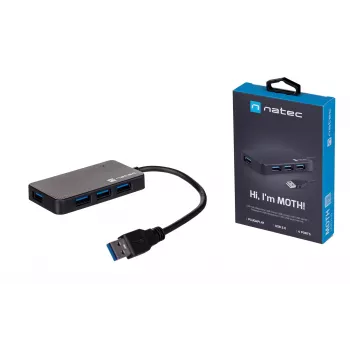 Hub USB NATEC Moth 4 porte USB 3.2 Gen 1 Type-A (5000 Mbit/s), alimentato via USB, nero, cavo 0,15 m