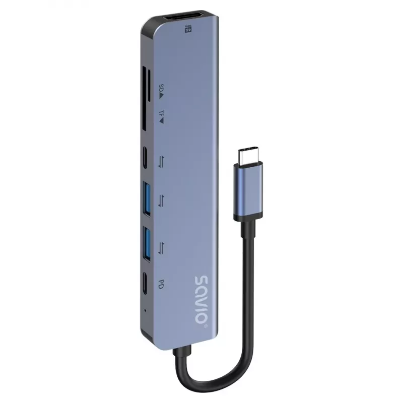 Hub USB Type-C SAVIO AK-82 con HDMI, MicroSD, USB 3.2 Gen1, PD pass-through, 4K@30Hz, 5000 Mbit/s, nero