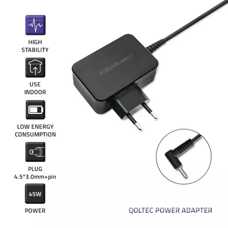 Qoltec 51033 alimentatore per ultrabook HP, 45 W, 19,5 V, 2,31 A, 4,5x3,0 mm + pin, per interni, nero