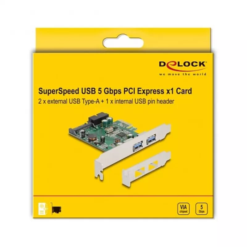 Scheda DeLOCK PCI Express x1 con 2 x USB 3.2 Gen 1 Type-A + 1 x header interno a 19 pin