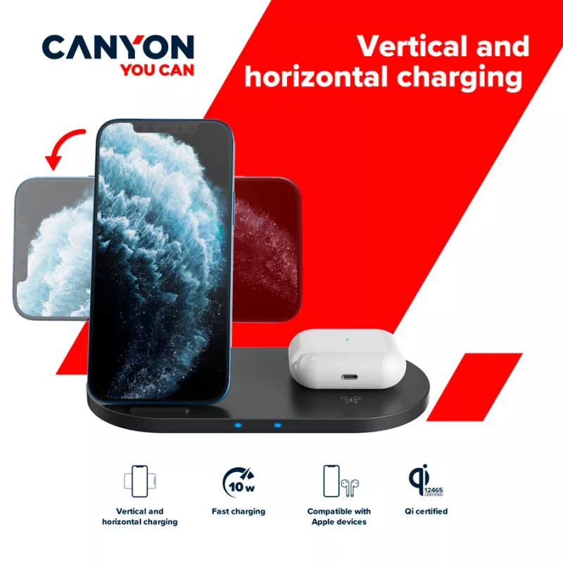 Caricatore docking station wireless 2in1 QI 10W/USB-C/LED nero