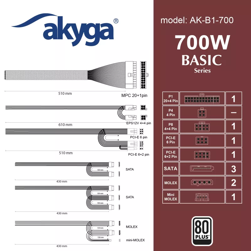 Akyga AK-B1-700 Basic alimentatore ATX 700 W, PFC passivo, ventola 120 mm, grigio