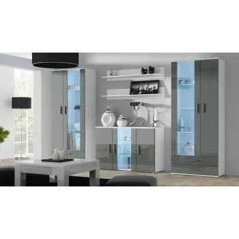 Sideboard cama meble SOHO S7, 120 cm, bianco/grigio lucido, 3 ante, 4 ripiani