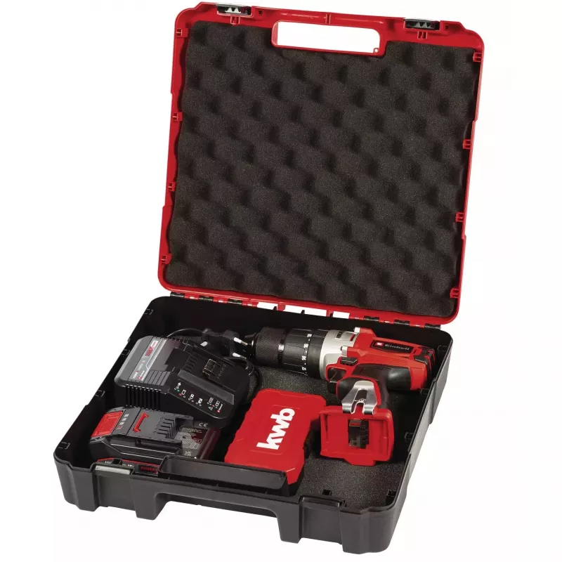 Einhell TE-CD 18/2 Li-i +22 trapano avvitatore a percussione a batteria 18 V, 1250 giri/min, con batteria da 2,5 Ah, caricabatterie e valigetta, rosso/nero