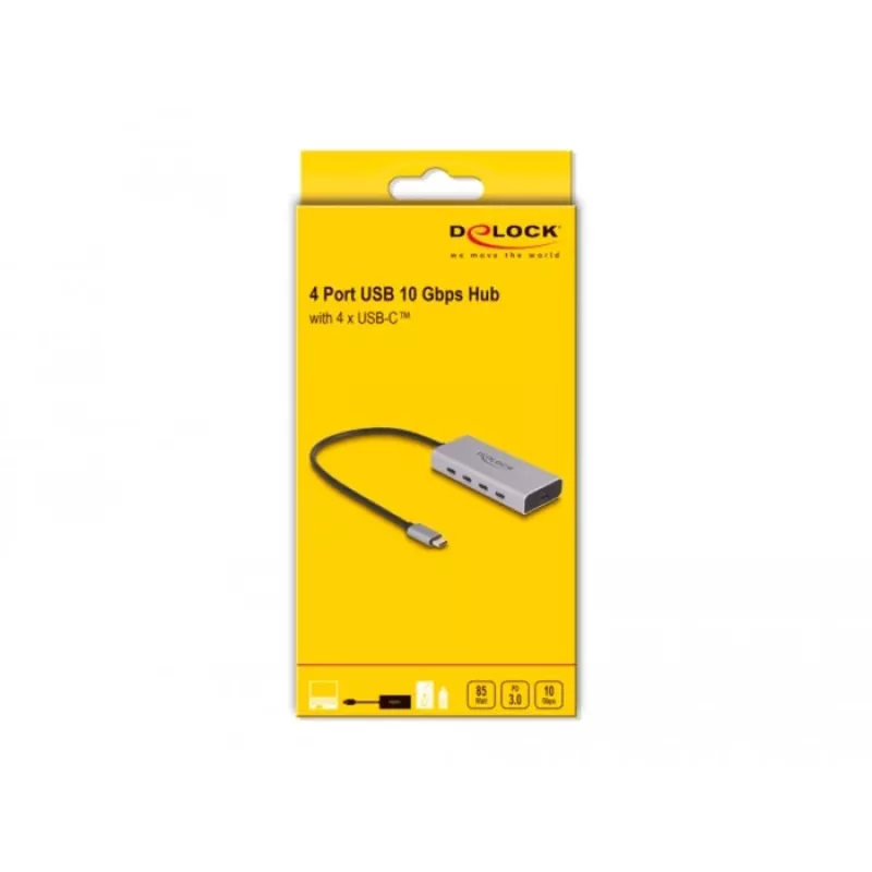Hub USB DELOCK 10 Gbps Type-C 4 porte PD 85W cavo 30 cm