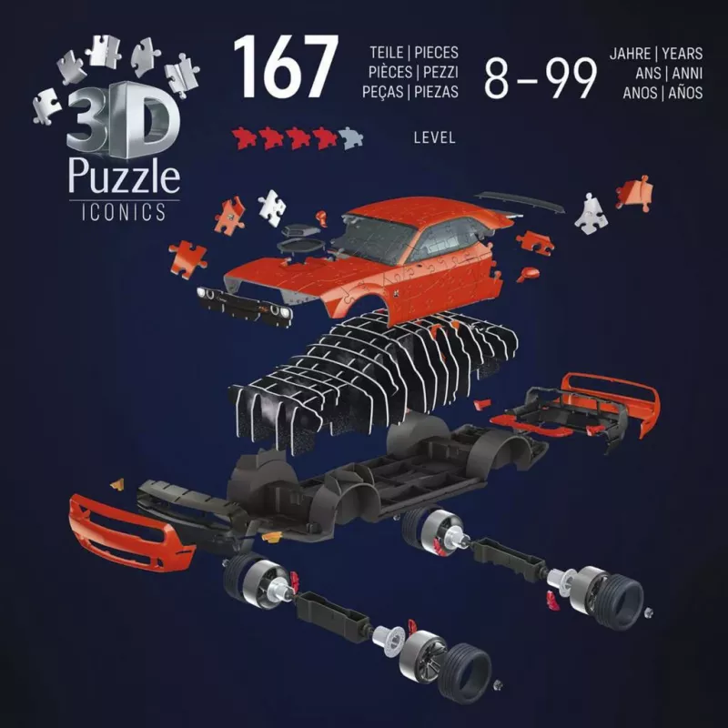 Puzzle 3D Ravensburger Dodge Challenger R/T Scat Pack Widebody – serie Iconics, riproduzione in scala