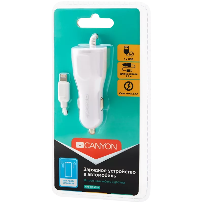 CANYON Caricabatterie auto C-033 2,4A/USB-A con connettore Lightning integrato bianco