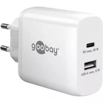 Caricabatterie rapido duale USB-C, PD, GaN, 65 Watt (bianco, 1x USB-C, 1x USB-A, Power Delivery)