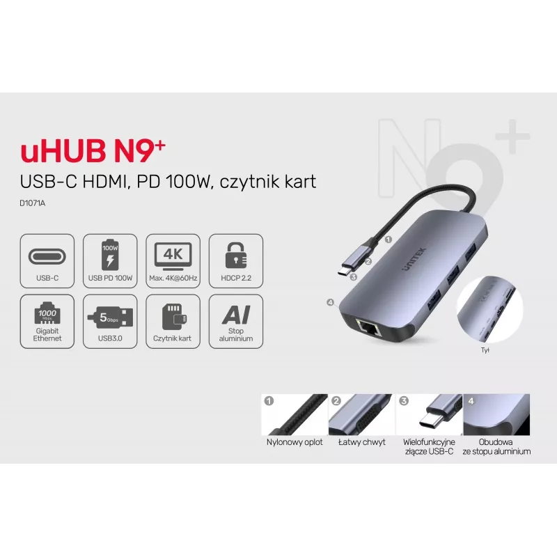 UNITEK D1071A hub interfaccia USB 3.0 SuperSpeed 5 Gb/s argento