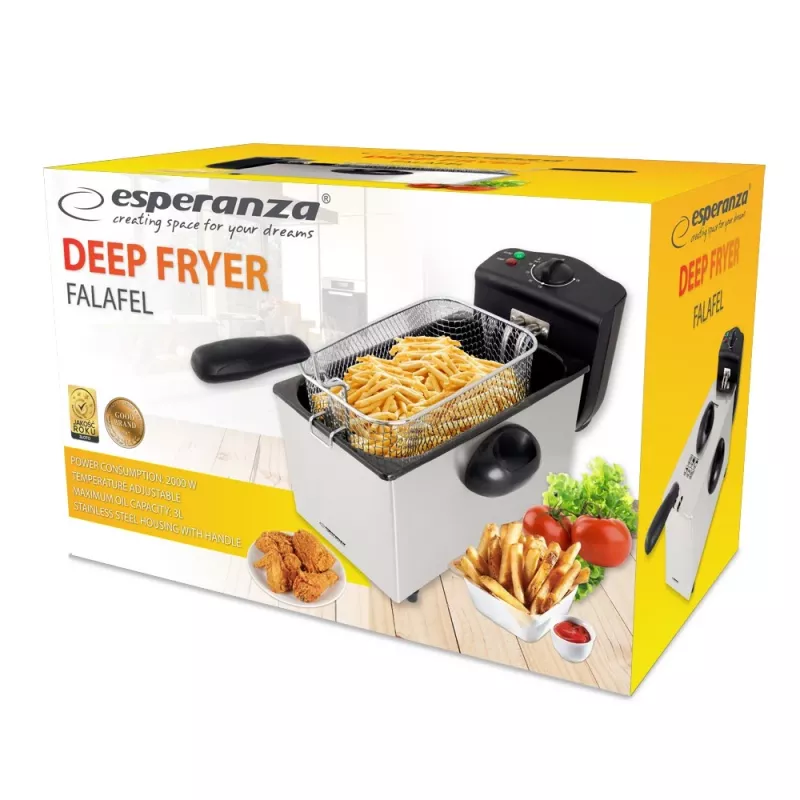 Friggitrice ESPERANZA FALAFEL Single 3 L — contenitore in acciaio inox, 2200 W, termostato regolabile