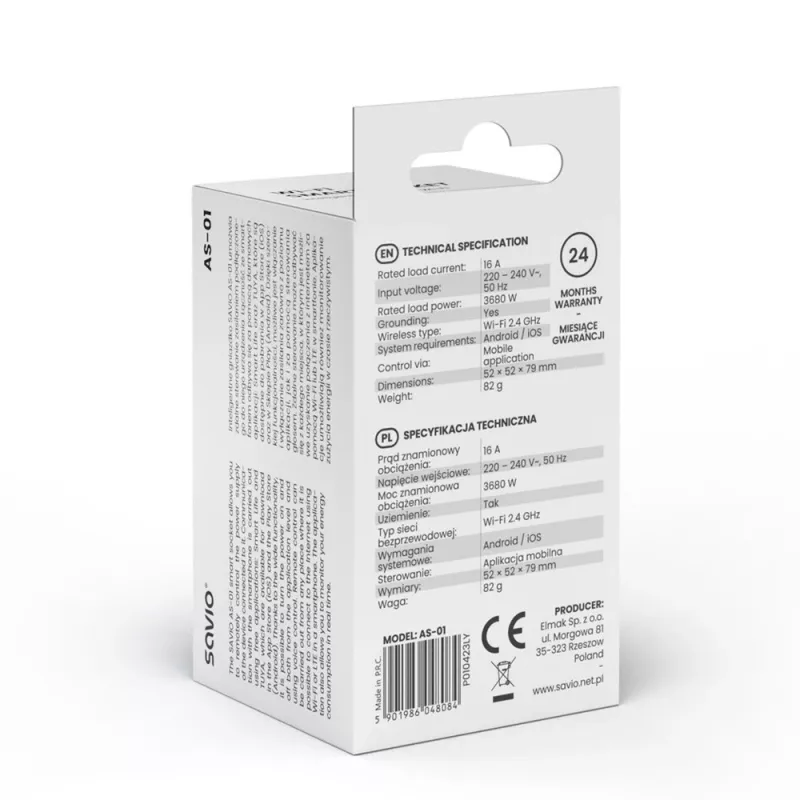 Presa smart SAVIO AS-01 16A Wi-Fi 2,4 GHz, connettore tipo E/F, 220–240 V, 3680 W, bianco