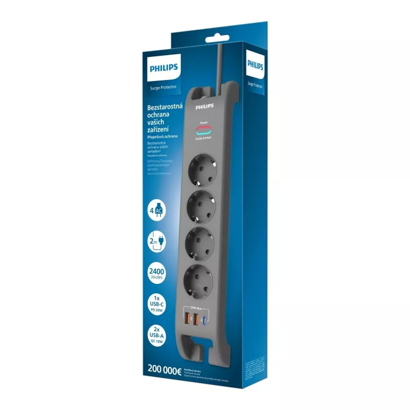 Ciabatta con protezione da sovratensione Philips 4 prese 2 m cavo 3×US