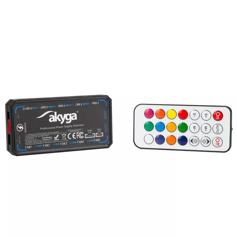 Akyga AK-CA-73 controller per ventole RGB con telecomando, 12 connessioni (10 ventole + 2 strisce LED), alimentazione Molex