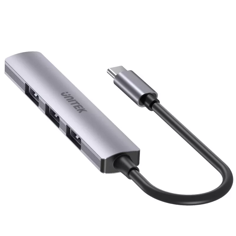 Hub USB-C Unitek H1208B — 1x USB-A 5 Gbit/s, 3x USB-A 2.0, host USB-C, case in alluminio, cavo 0,20 m