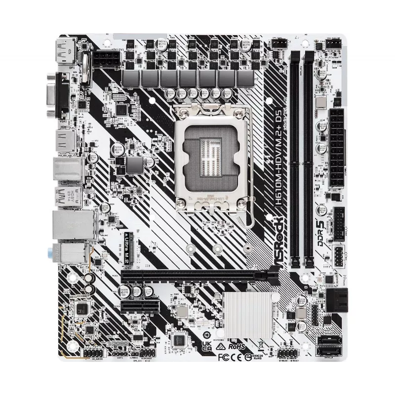 ASRock H610M-HDV/M.2+ D5 scheda madre, Intel H610, LGA 1700, Micro-ATX, 2x DDR5 DIMM (max 96 GB), PCIe 4.0 x16, 1x M.2, 4x SATA III, HDMI, DisplayPort, VGA, USB-C 3.2 Gen 1, Gigabit LAN