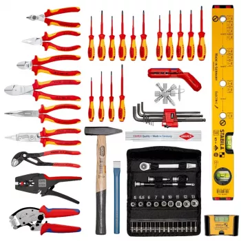 Set di utensili da meccanico Knipex 00 21 06 — 68 utensili, incluse pinza a becco e pinza per pompa d'acqua, utensili rosso/giallo, valigetta nera (515×438×265 mm)