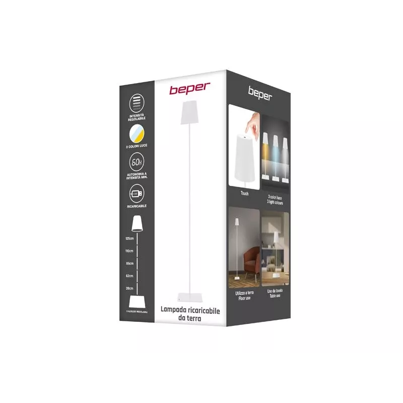 Beper P201UTP404 lampada da terra LED ricaricabile, altezza regolabile, 2,5 W, dimmerabile, metallo, bianca