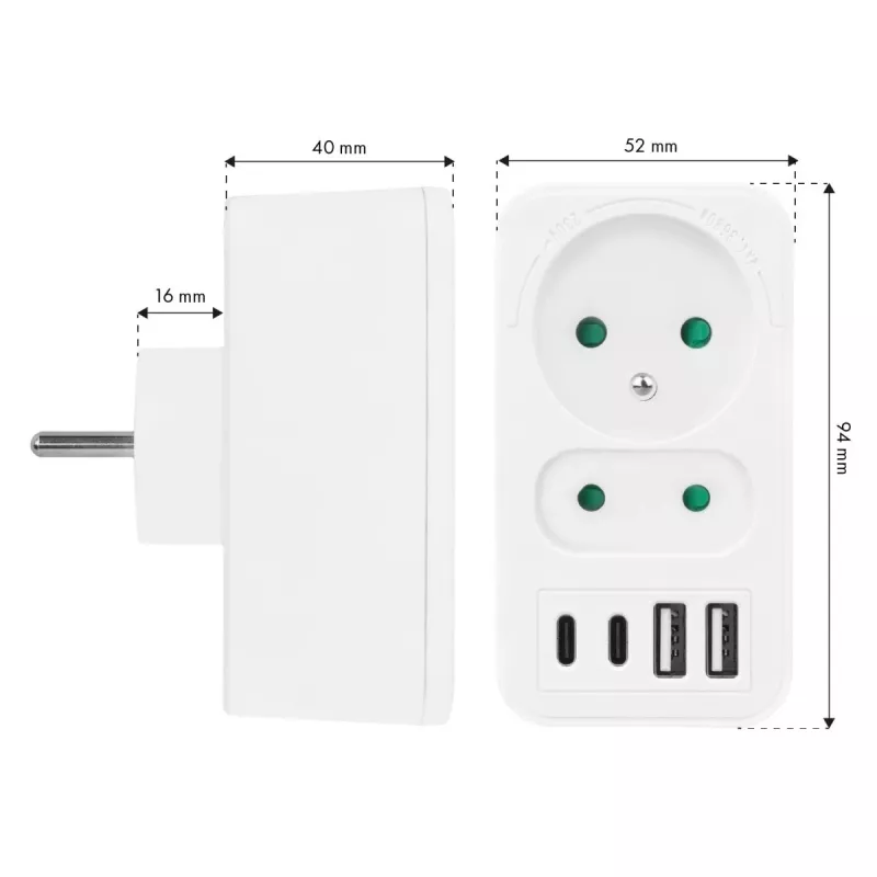 Power splitter MACLEAN MCE249 F/W – 2 prese di rete (16A + 6A) e 4 USB (2x A, 2x C PD 20W)