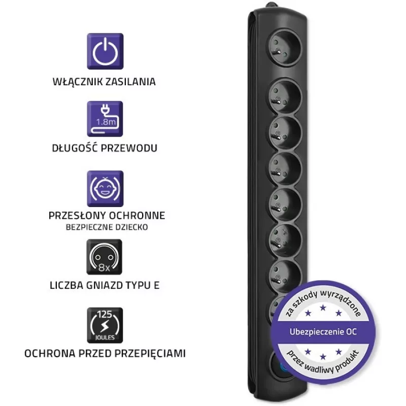 Protezione da sovratensione Qoltec 50113 nero 8 uscite AC 230 V 1,8 m
