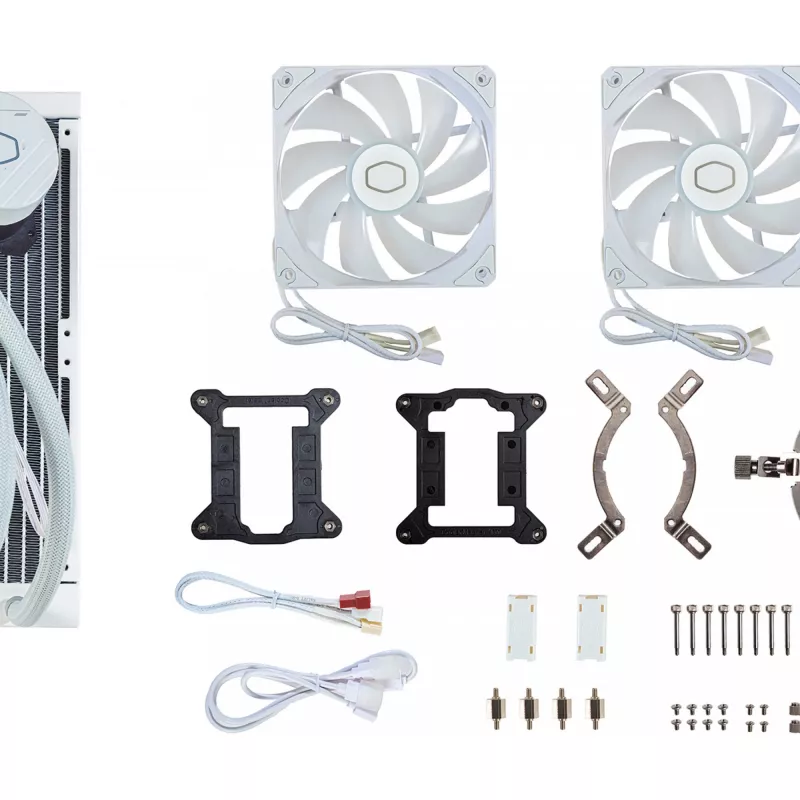 Kit raffreddamento a liquido Cooler Master MasterLiquid 240L Core ARGB bianco — radiatore 240 mm, ventola 120 mm, supporta LGA1700/AM5/AM4 e socket precedenti
