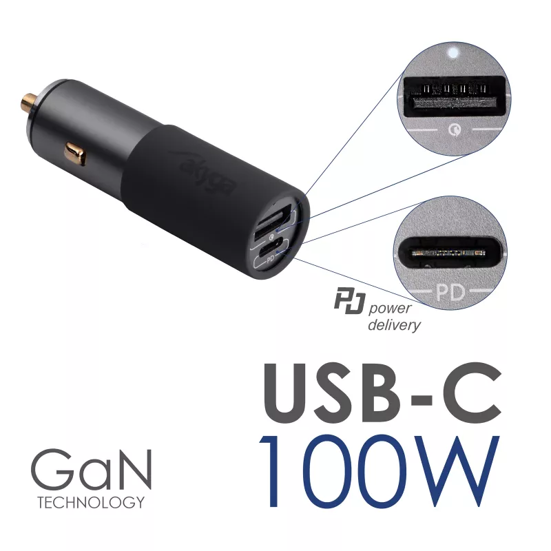 Akyga AK-CH-26 caricabatterie da auto GaN 12/24 V, 100 W, USB-C PD 3.0 + USB-A QC 3.0, grigio