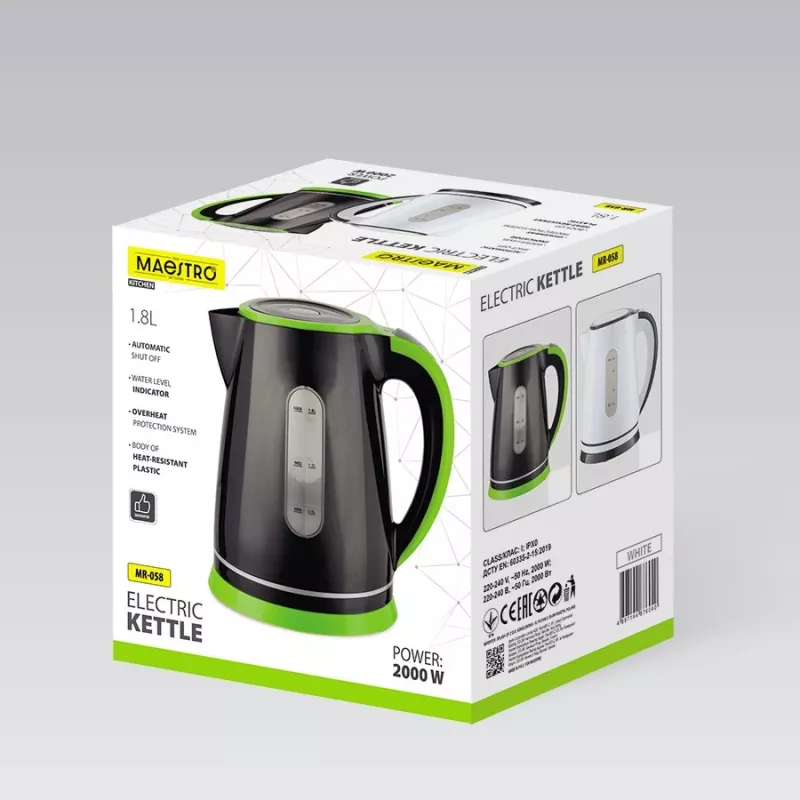 Bollitore elettrico Maestro MR-058-Nero — capacità 1,8 L, potenza 2000 W