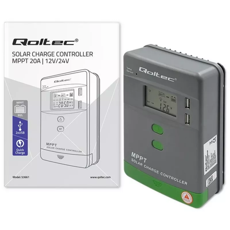 Qoltec, Regolatore di carica solare MPPT con sensore di temperatura 20A 12V/24V display LCD 2 X USB