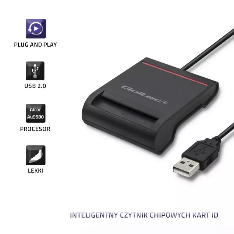 Lettore di carte ID QOLTEC Smart-Chip — USB, nero, 84,5×65×16 mm, 63 g