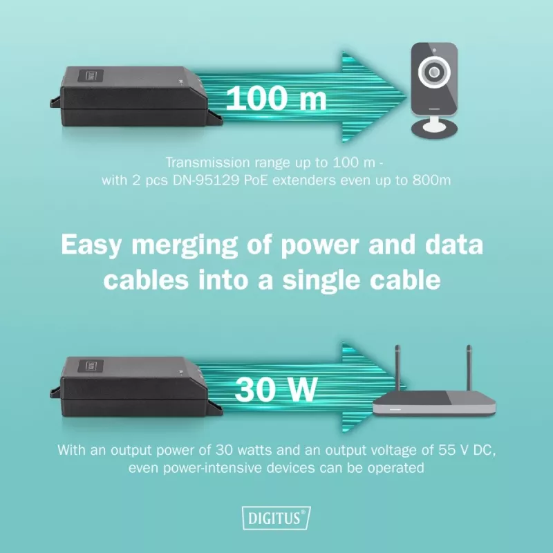 Injector PoE+ Gigabit Ethernet Digitus 802.3at 30 W nero