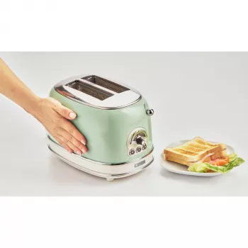 Tostapane Ariete 155 Design 2 fette con cestelli per sandwich, 6 livelli di doratura, 810 W, corpo in acciaio inox, cassetto raccoglibriciole estraibile, verde pastello