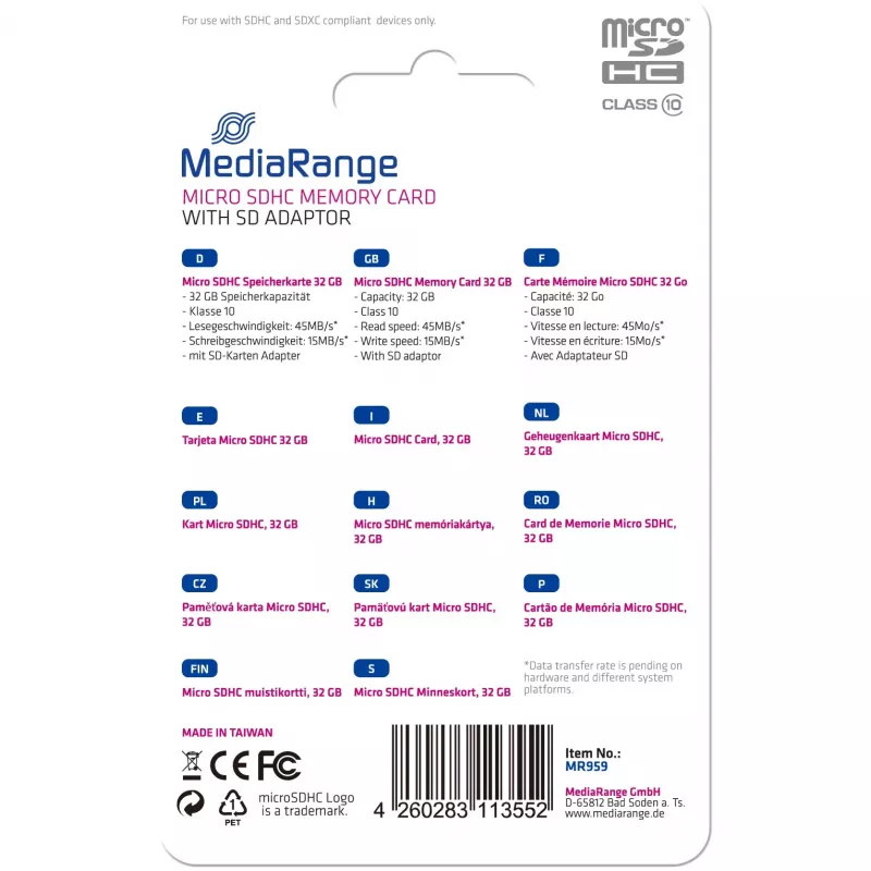 Micro SDHC 32GB C10/MIT con adattatore MR959 MEDIARANGE