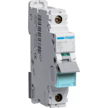 Hager NBN110. Corrente nominale: 10 A. Tipo: curva B, numero moduli (max): 1 modulo. Larghezza: 17,5 mm, profondità: 70 mm, altezza: 83 mm (NBN110)
