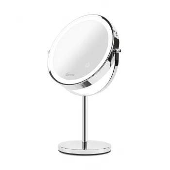 Specchio da trucco da appoggio Girmi BE02 – rotondo, acciaio inox, controllo touch LED, ingrandimento 1x/3x, ricaricabile USB-C (1000 mAh)