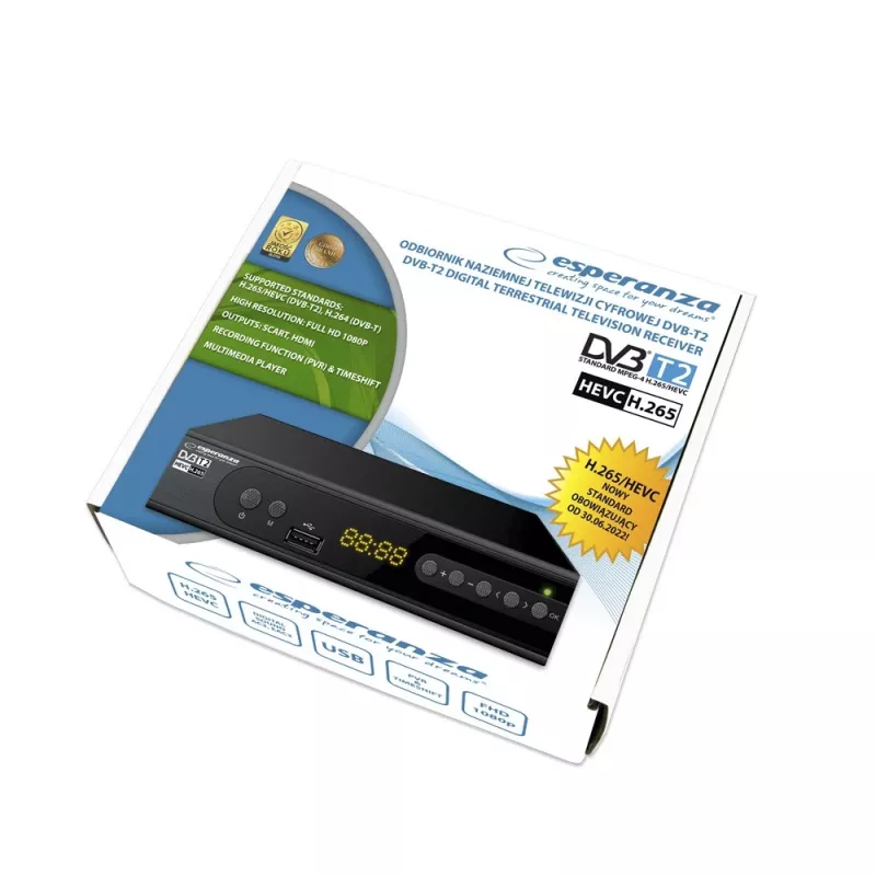Set-Top-Box ESPERANZA EV106R sintonizzatore via cavo DVB-T2 / DVB-C HEVC H.265, HDMI, USB, PVR, Dolby Digital, 174–790 MHz, nero