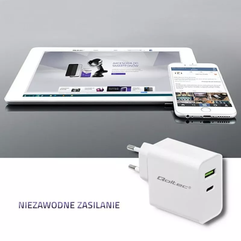Qoltec 51718 caricabatterie | 45W | 5-20V | 2,4-3A | USB Type-C PD | USB | bianco
