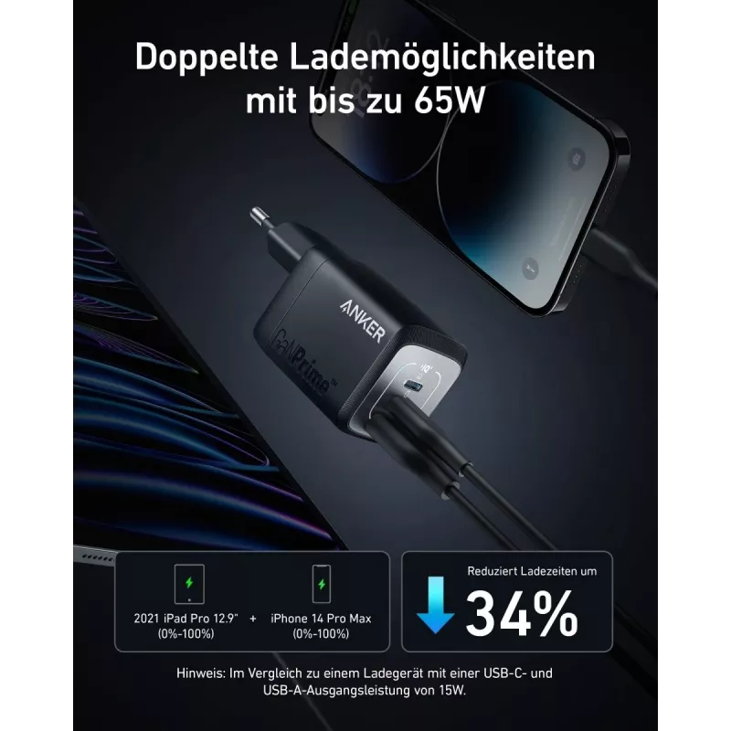 Caricabatterie USB rapido da interno Anker Prime A2669313 – 67 W, 1×USB-A, 2×USB-C, nero